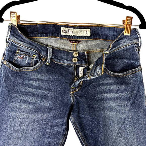 Y2K Hollister Low-Rise Flare Stretch Jeans Sz 3 Distressed Dark Wash Denim Boho - Picture 4 of 11
